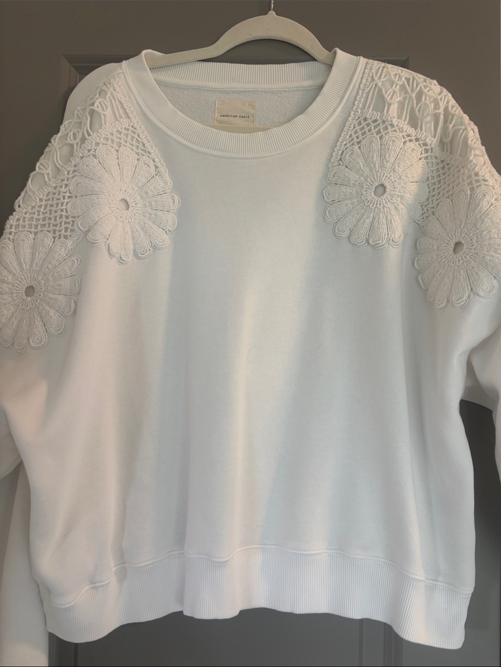 American Eagle Outfitters White Crochet-Shoulder Sweatshirt